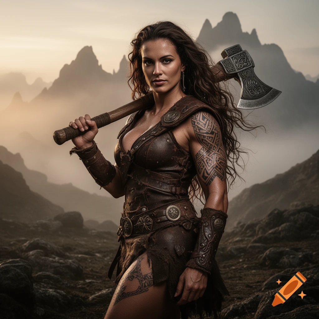 A buff female barbarian with tattoos and leather armor holds an axe over her shoulder in a rocky, mountainous landscape at dusk.