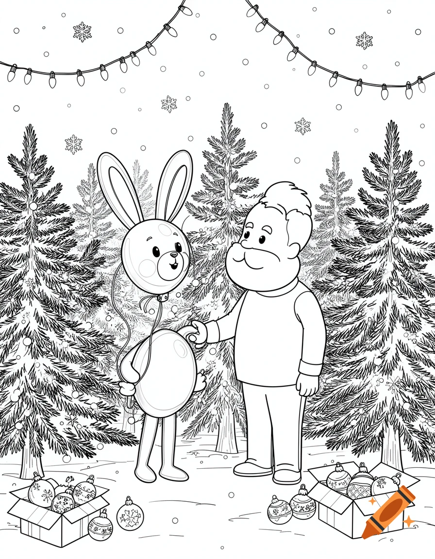 Line art of a man and a balloon rabbit in a snowy forest surrounded by Christmas trees and boxes of ornaments, with snowflakes and string lights above.