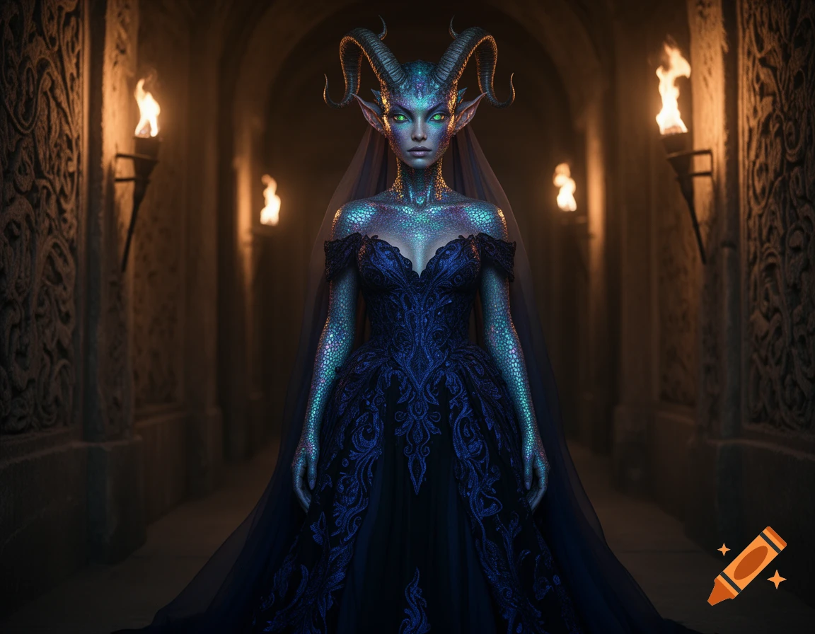 A striking horned female demon with glowing green eyes and iridescent scaly skin, wearing a dark blue ornate gown, stands in a torchlit stone hall.