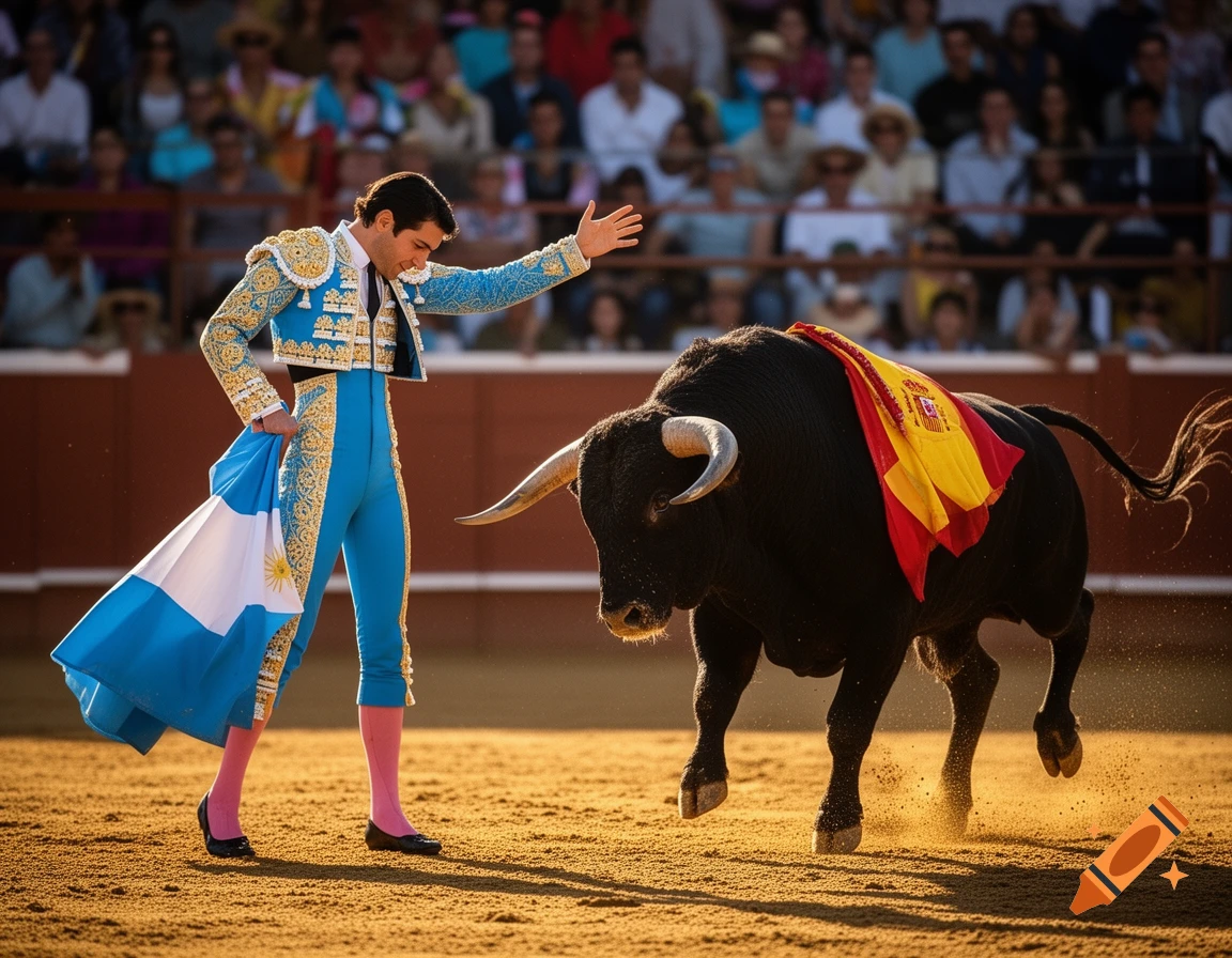An Argentinian matador in a blue suit with an Argentinian cape faces a charging black Spanish bull with a Spanish flag in a bullring.