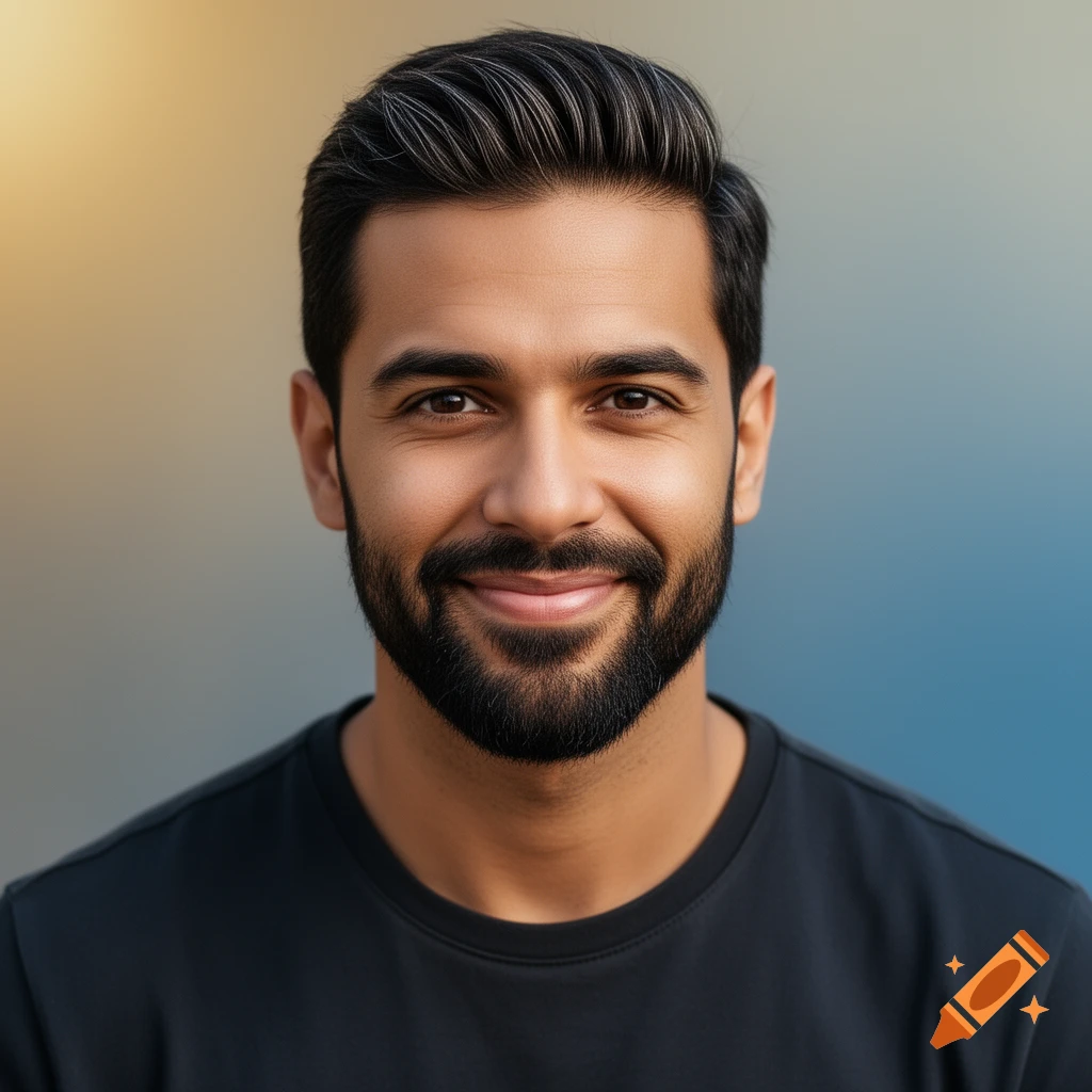 A photorealistic headshot of a smiling man with dark hair and a beard, set against a blurred background.