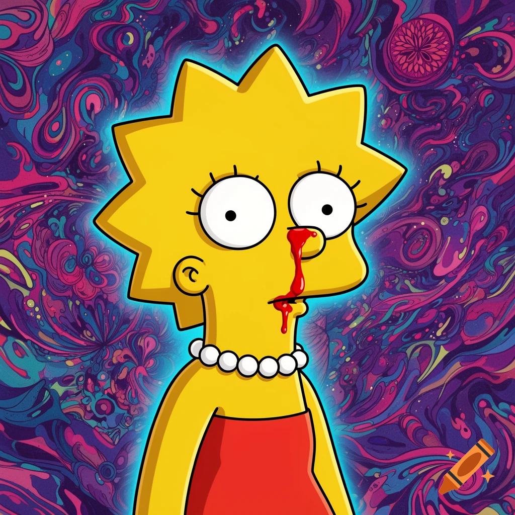 Lisa Simpson with a nosebleed, wearing a red dress and pearl necklace, against a vibrant, swirling psychedelic background.