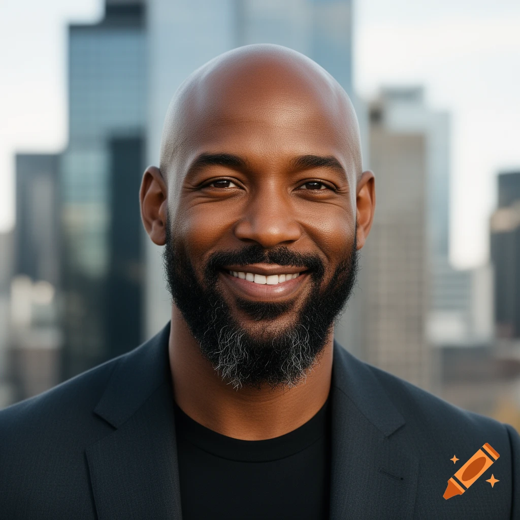 A smiling bald man with a dark beard and gray stubble, wearing a suit jacket and t-shirt, stands against a blurred city skyline.