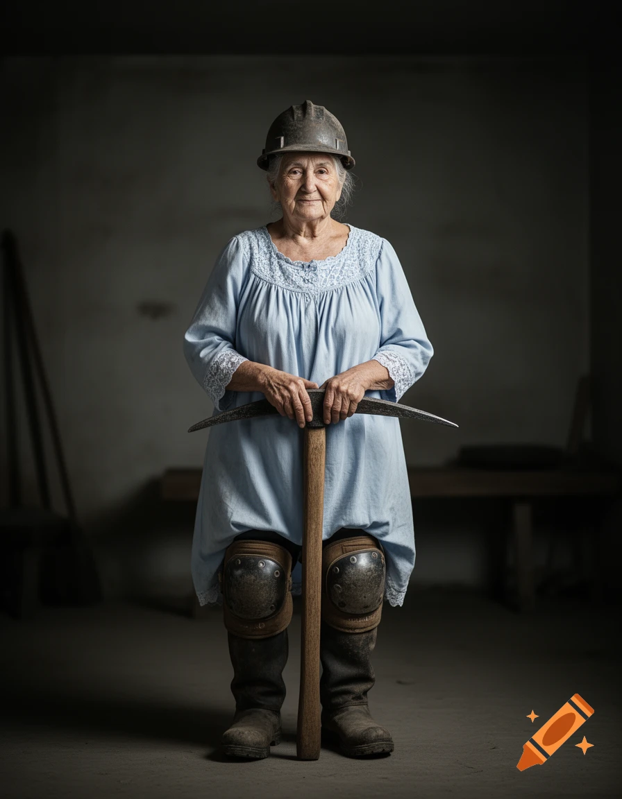 Photorealistic portrait of an old woman in a helmet and work gear, holding a pickaxe, in a dimly lit room.