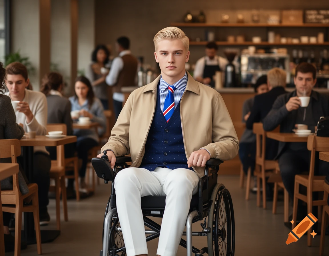 A young blonde man in an electric wheelchair, wearing a beige jacket, blue vest, and striped tie, sits in a cafe.
