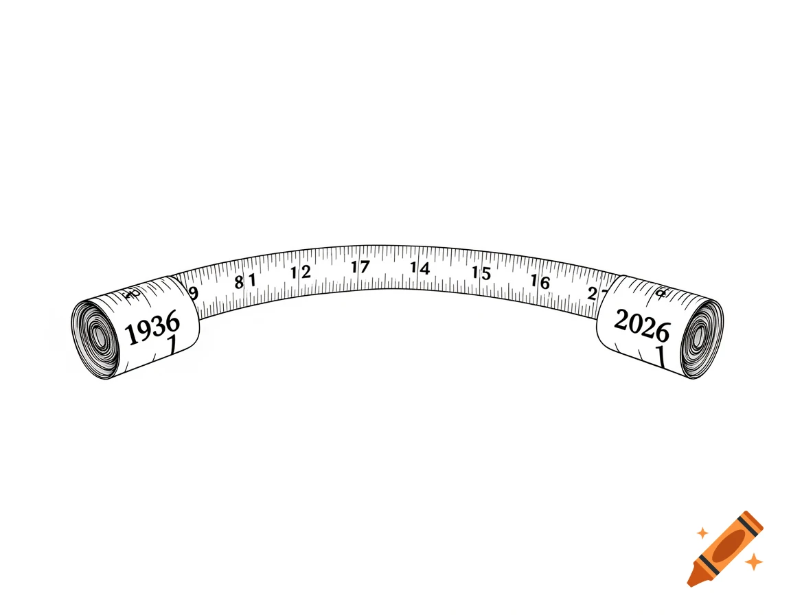 A black and white line drawing of a curved measuring tape, rolled up on the ends, with the year 1936 on the left and 2026 on the right.