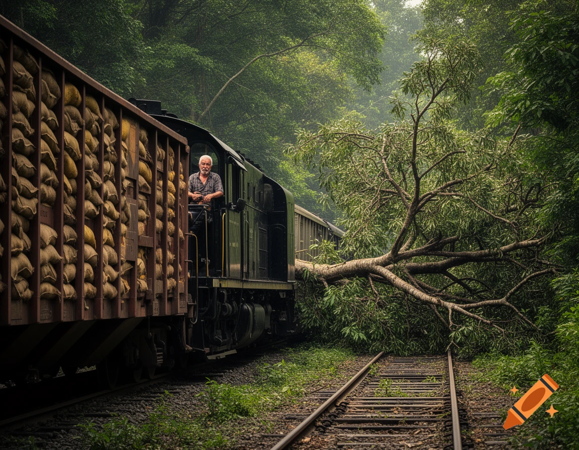 An old man in a train looks out as a large tree blocks the tracks in a lush forest.