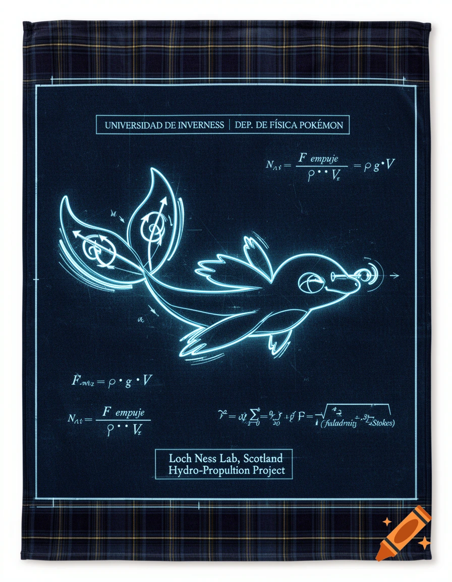 A blueprint-style illustration of a Floatzel Pokémon with glowing blue lines, surrounded by scientific equations and text. The background is a dark blue tartan pattern.