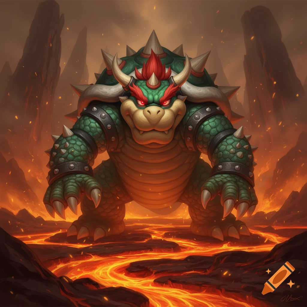 A fierce, green Bowser with red hair, spiky shell, and glowing red eyes stands in a fiery, lava-filled landscape.