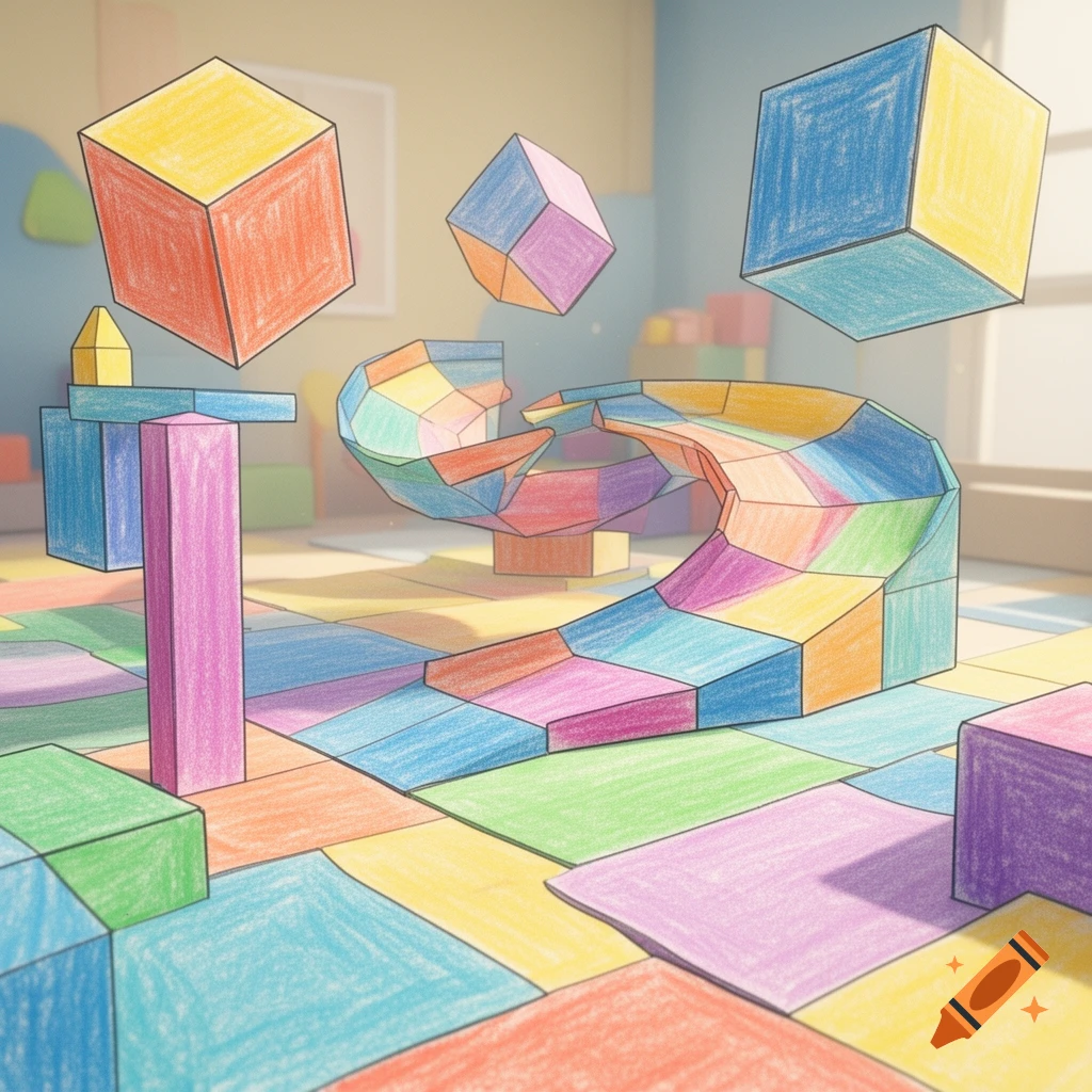 Vibrant crayon-textured geometric shapes, including floating cubes and a winding path, in a cel-shaded room.