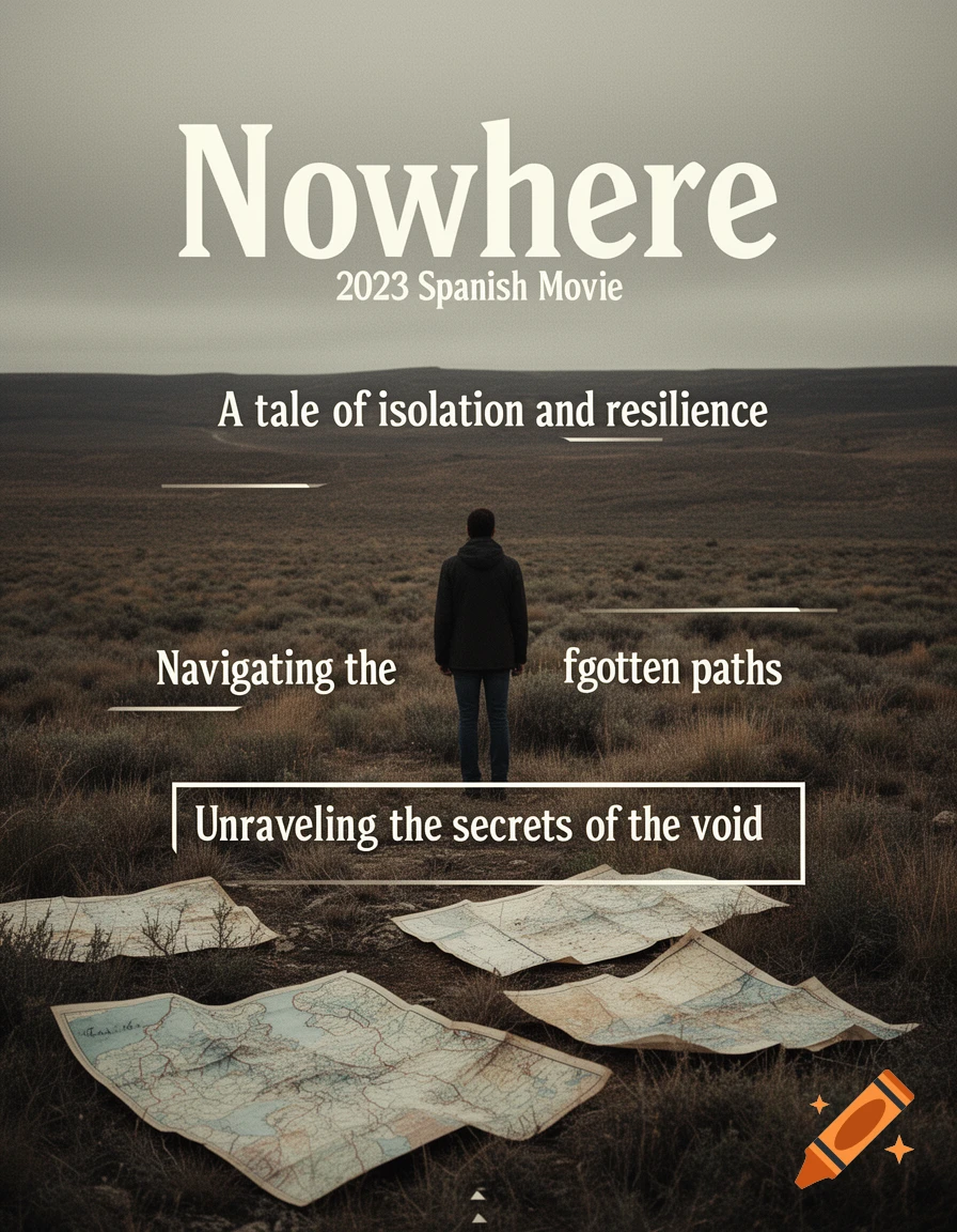 A movie poster for 'Nowhere' showing a lone figure standing in a vast, desolate landscape under a cloudy sky, with old maps scattered on the ground and various textual taglines.