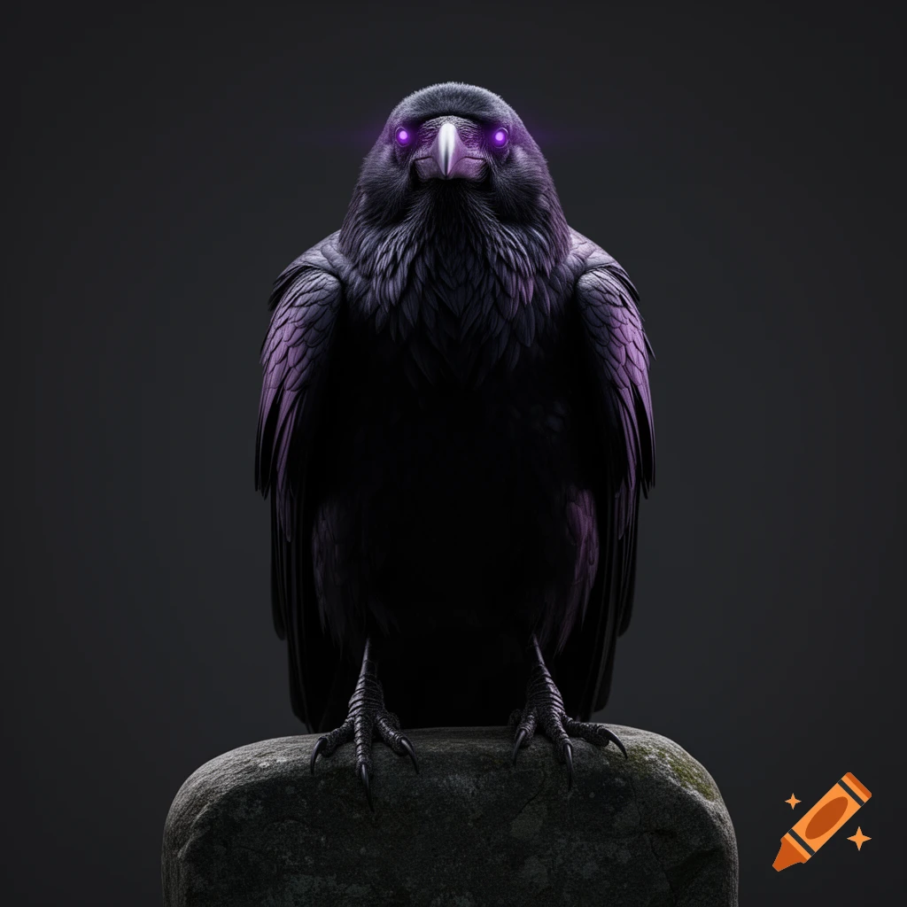 A majestic black raven with glowing violet eyes, perched on a dark stone in a minimalist fantasy style.