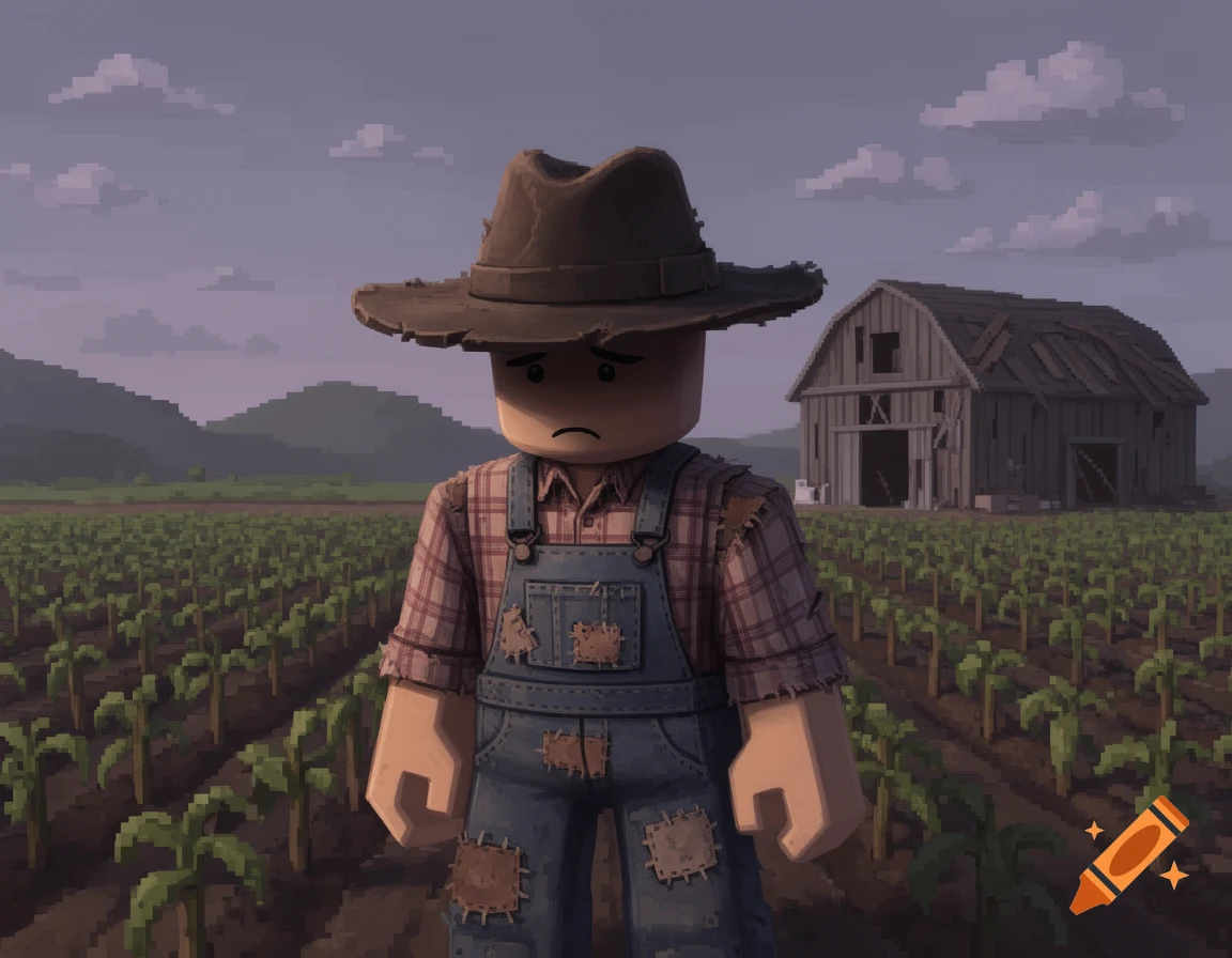 A pixelated, sad Roblox farmer in tattered clothes stands in a field with a barn under a cloudy sky.