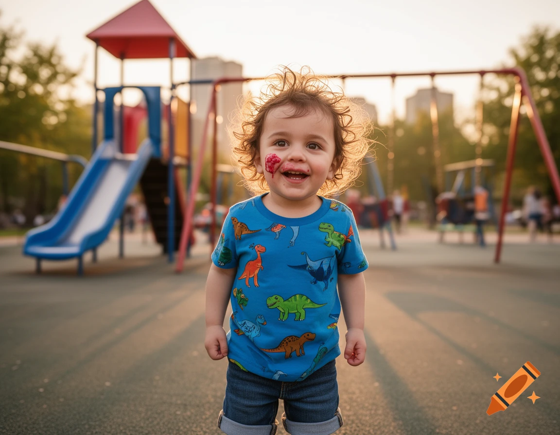A happy toddler with a messy face and a dinosaur shirt stands smiling in a sunny playground.