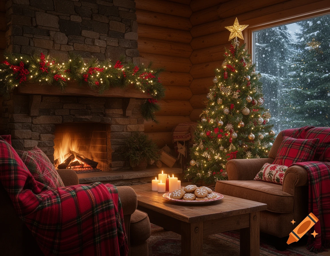 Cozy cabin living room decorated for Christmas with a fireplace, a lit Christmas tree, and snow falling outside a large window.