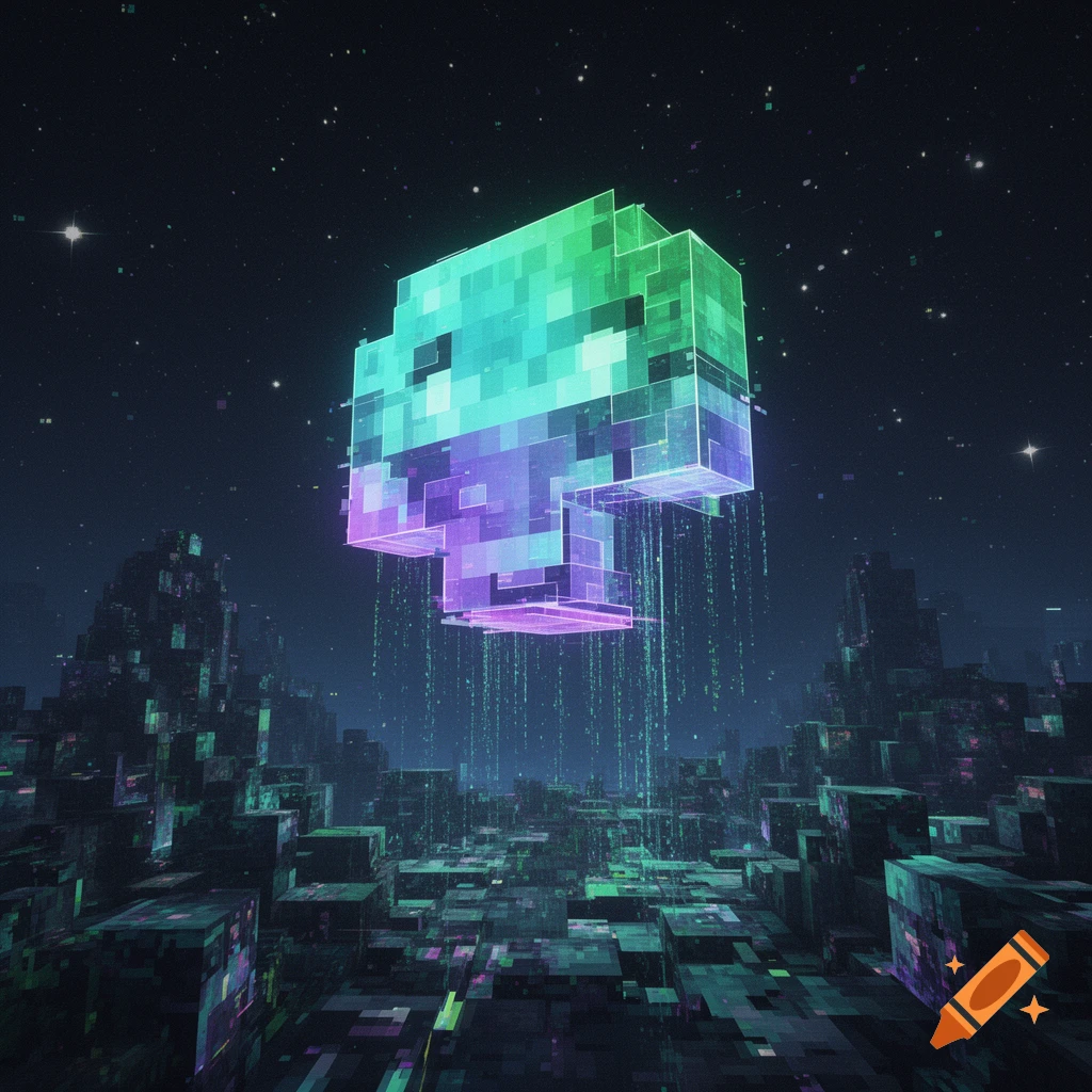 A glowing, blocky, green and purple hologram floats above a pixelated landscape under a starry night sky in a Minecraft style.