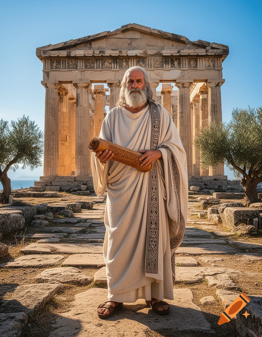 An old sage with a white beard, wearing a white robe and sandals, holds a scroll in front of an ancient Greek temple under a clear sky.