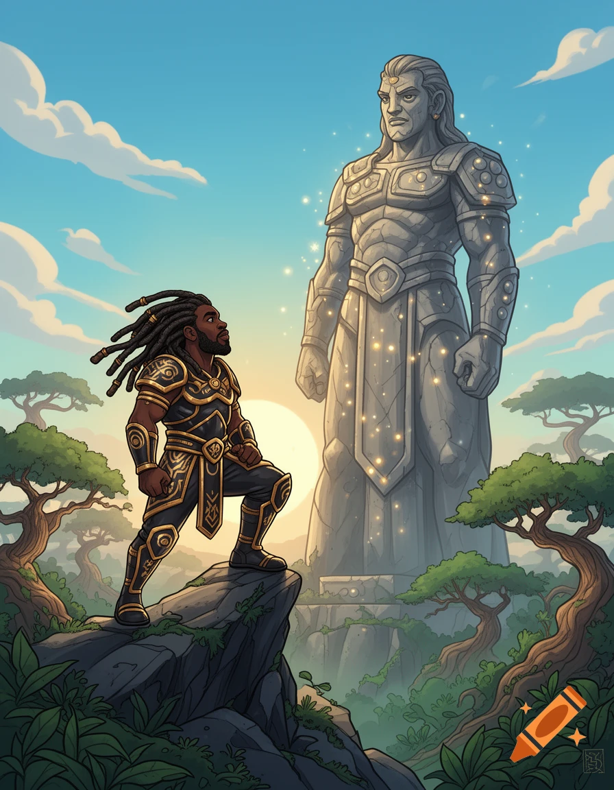 A cartoon black warrior with dreadlocks on a cliff gazes at a towering stone statue of himself in a vibrant fantasy landscape.