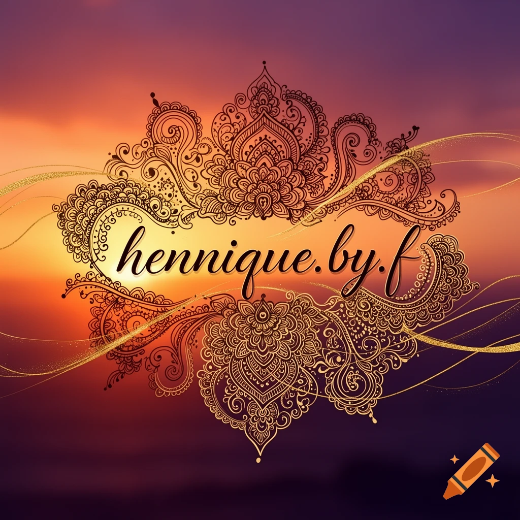 Logo with text 'hennique.by.f' in elegant script, framed by intricate gold henna-style patterns against a vibrant sunset sky.