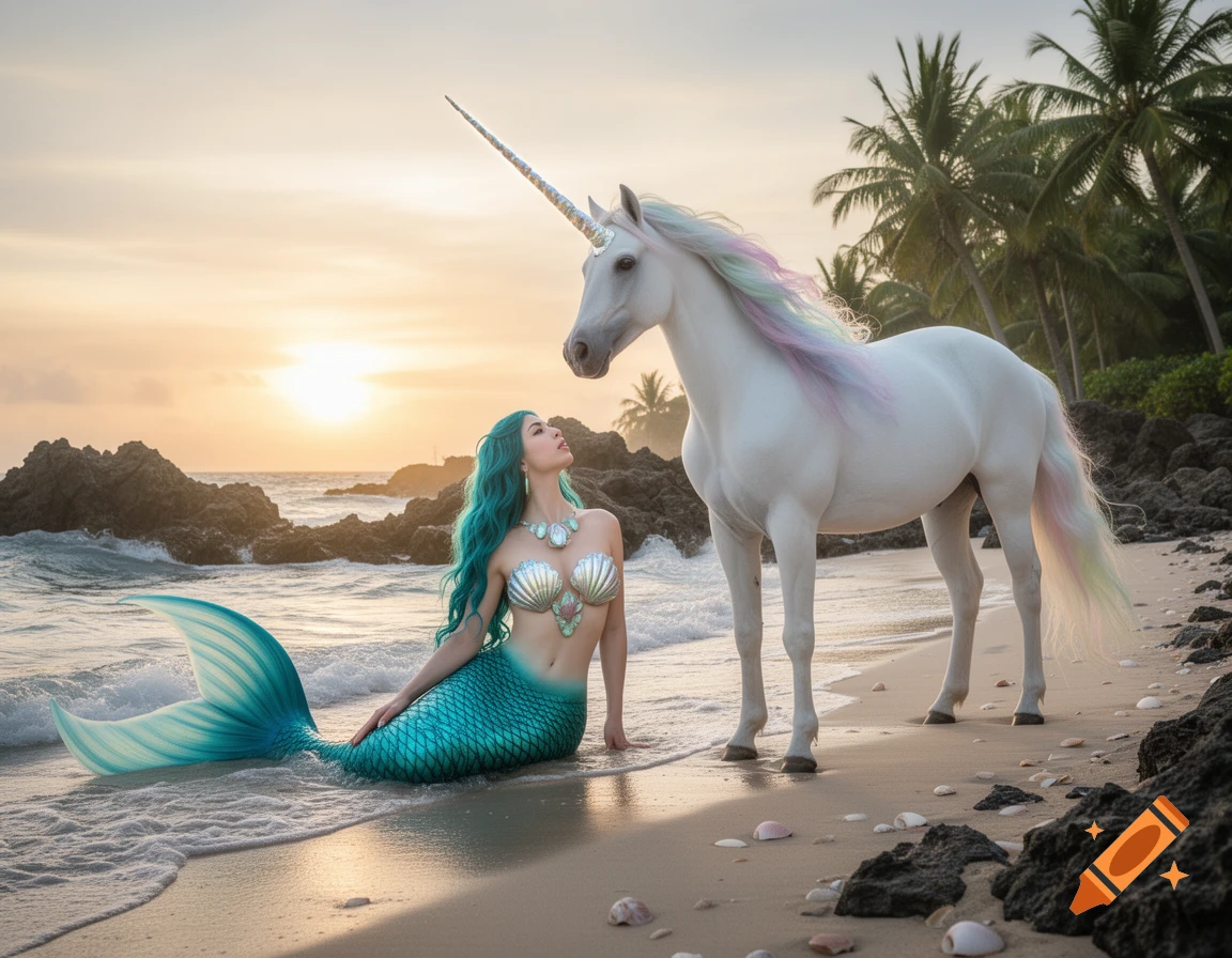 A photorealistic image of a mermaid with teal hair and tail, beside a white unicorn with a rainbow mane, on a beach at sunset.