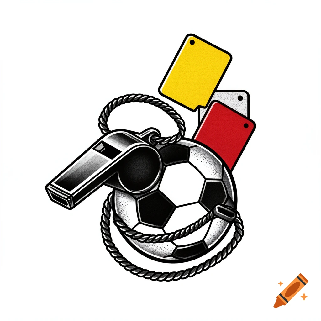 A stylized illustration of a black and white soccer ball with a silver whistle wrapped by a rope, and yellow and red referee cards behind it.
