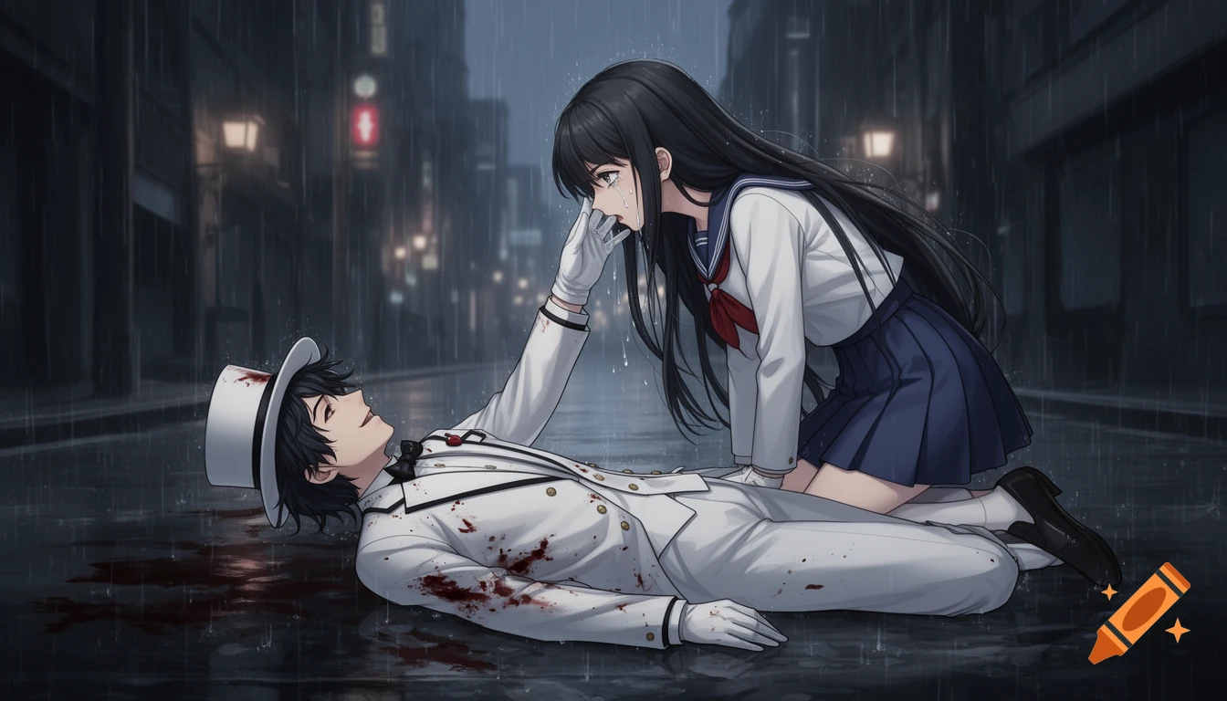 In a dramatic anime style, a crying girl in a school uniform kneels over a wounded man in a white suit lying in the rain on a dark city street.