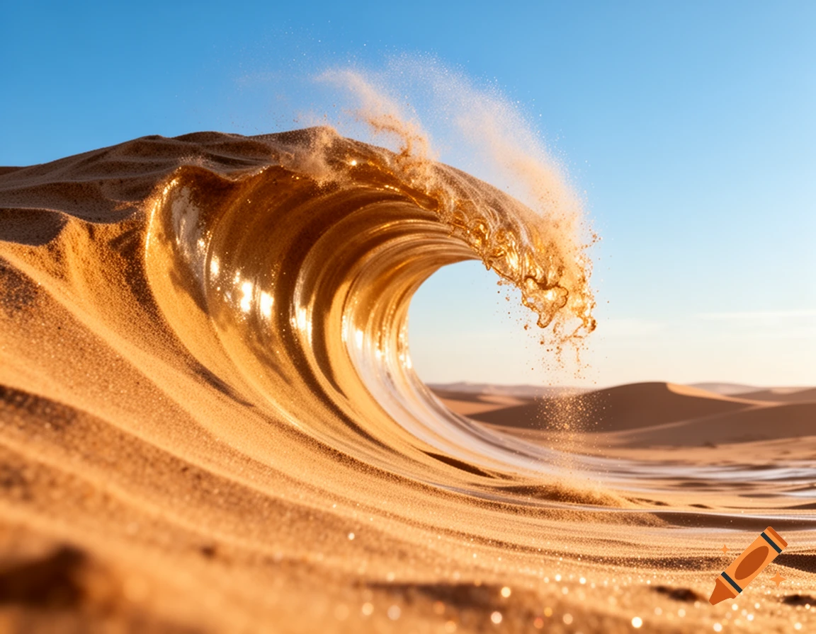 A massive, golden sand wave breaks in a desert landscape under a clear blue sky, with sand dunes in the background.