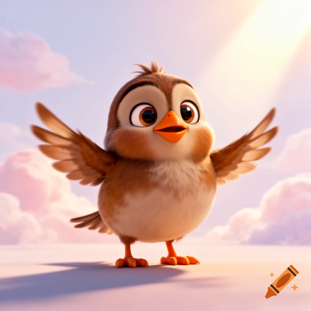 A cute, fluffy brown and white cartoon sparrow with big eyes and an orange beak stands with wings spread, under a bright, cloudy sky in a 3D animation style.