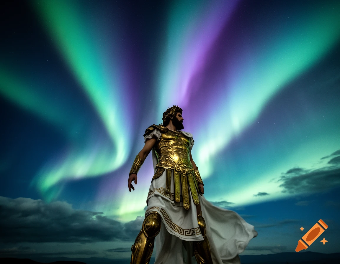 A man in golden Greek god armor and white robes stands under vibrant green and purple aurora borealis.