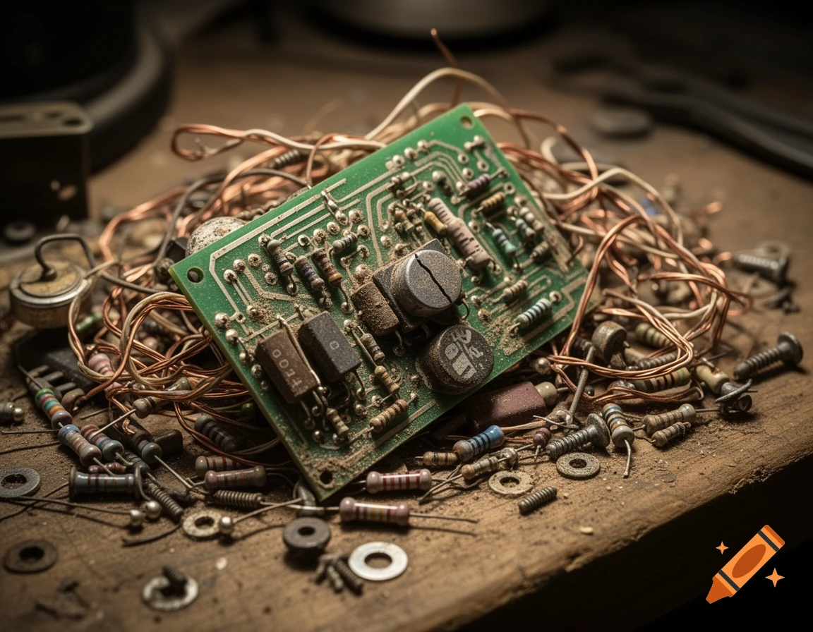 Close-up of a dusty green circuit board tangled in copper wires, surrounded by resistors, capacitors, and screws on a wooden surface.