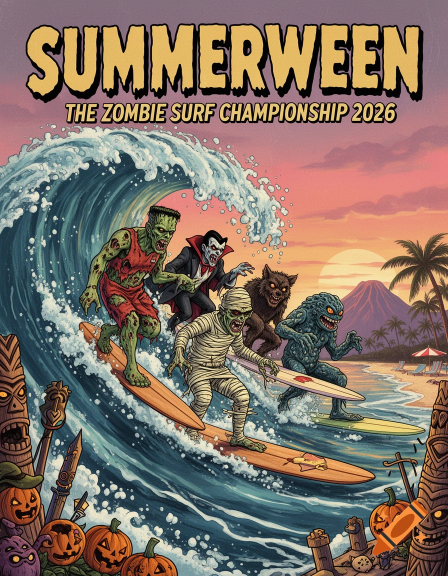Vintage horror movie poster of classic monsters (Frankenstein, Dracula, Mummy, Werewolf, Creature) surfing a giant wave at sunset in Hawaii, with tiki and Halloween decor. Text reads "SUMMERWEEN THE ZOMBIE SURF CHAMPIONSHIP 2026"