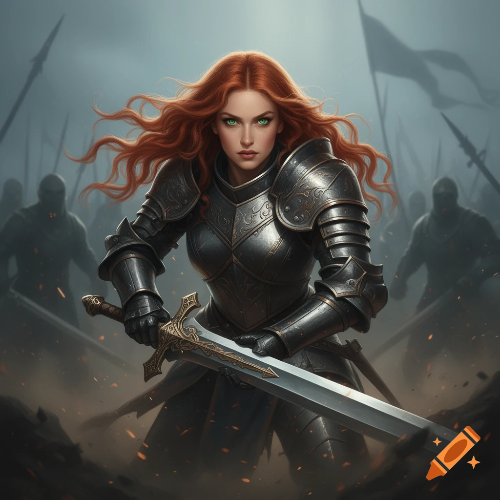 A red-haired female paladin in ornate armor with green eyes holds a greatsword on a smoky battlefield, blurred warriors in background. Digital art.