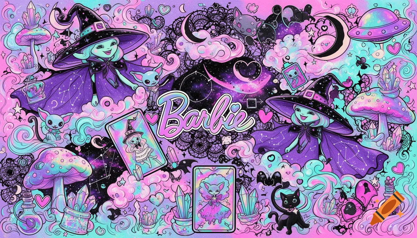 Vibrant pastel Lisa Frank style illustration of two cute witches with alien familiars, mushrooms, crystals, black cats, and galaxies.