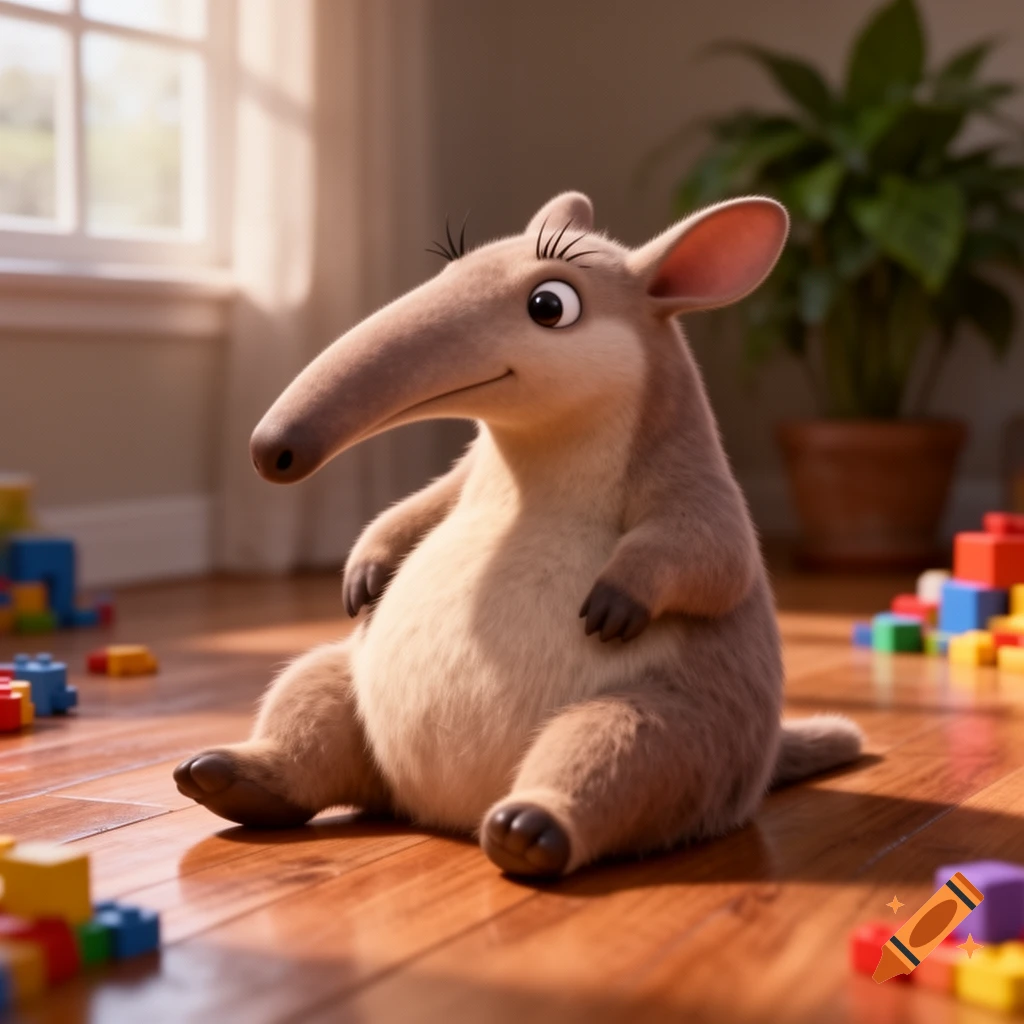 A cute 3D animated aardvark sits on a wooden floor surrounded by colorful toy blocks in a sunny room.