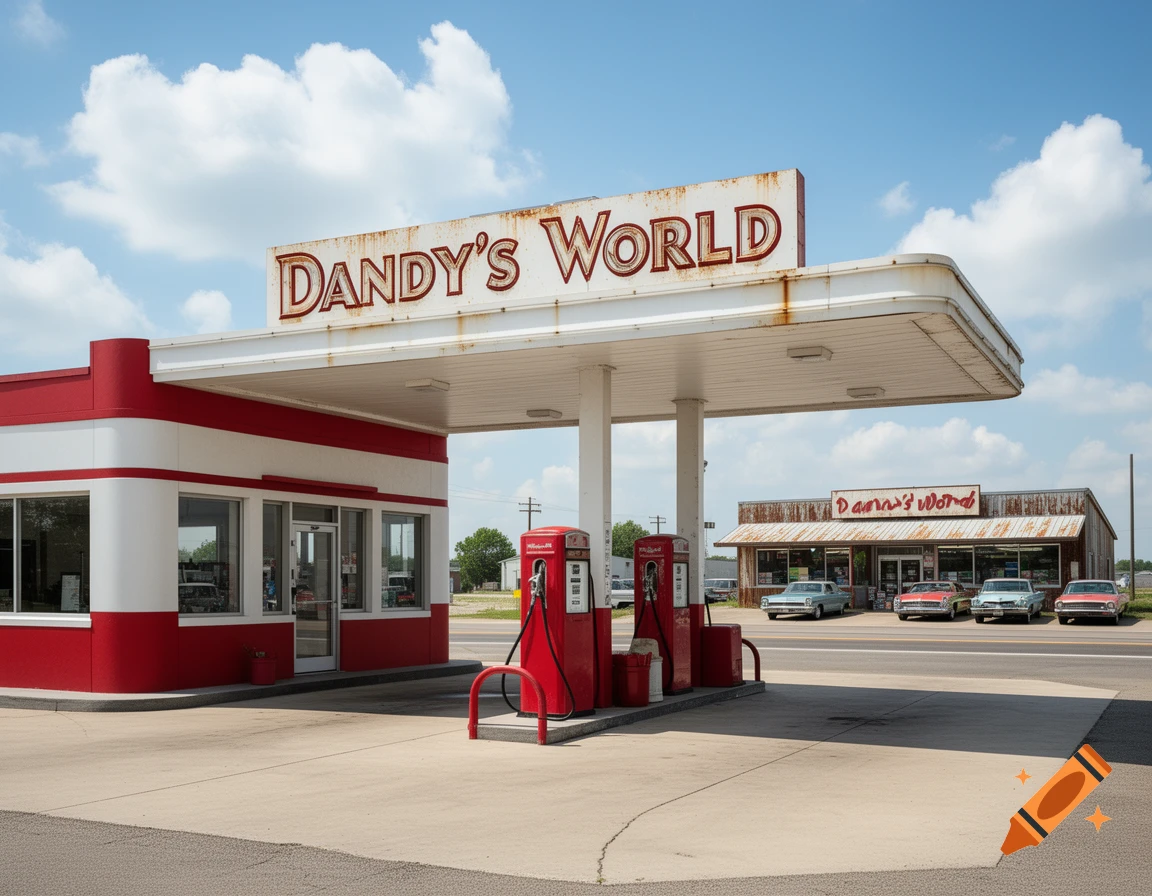 A retro red and white Dandy's World gas station on a sunny day with vintage cars parked across the street near a distressed building.