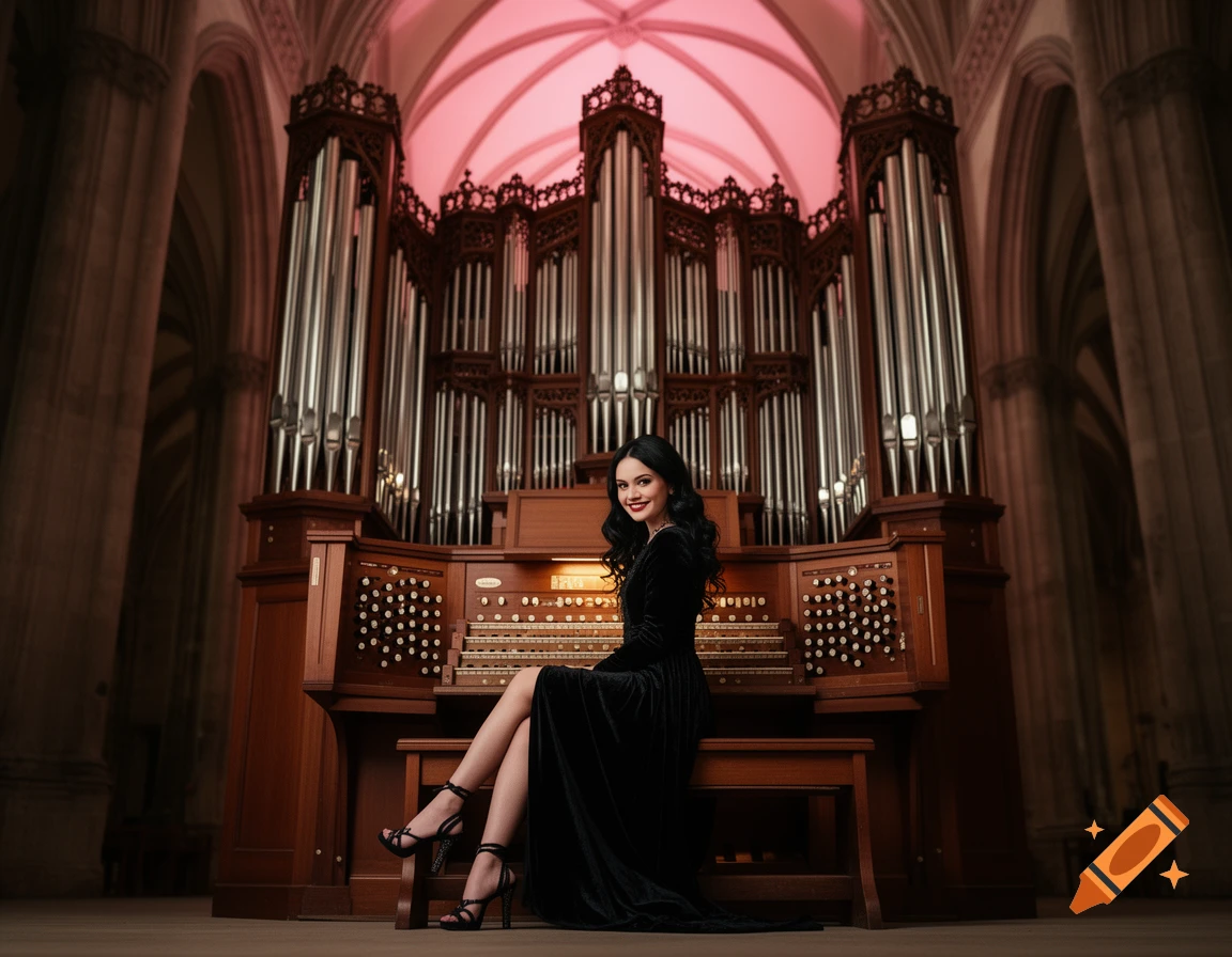 Young woman in a black velvet dress and heels sits by a grand pipe organ in a Gothic cathedral with pink lighting.