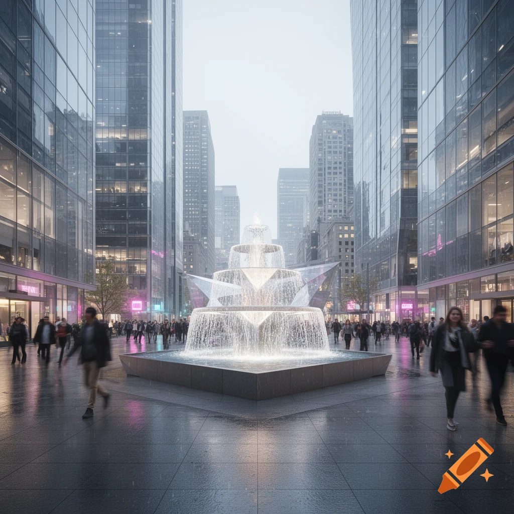 Photorealistic view of a modern tiered fountain illuminated in a bustling city square with tall glass buildings and pedestrians.