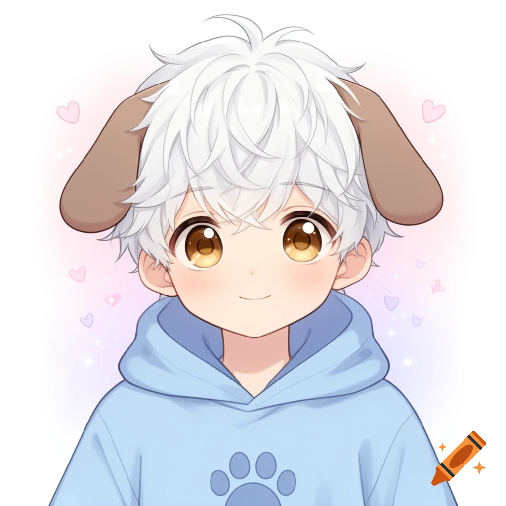 Cute white-haired anime boy with hazel eyes, floppy dog ears, wearing a light blue paw print hoodie, smiling against a pastel background.