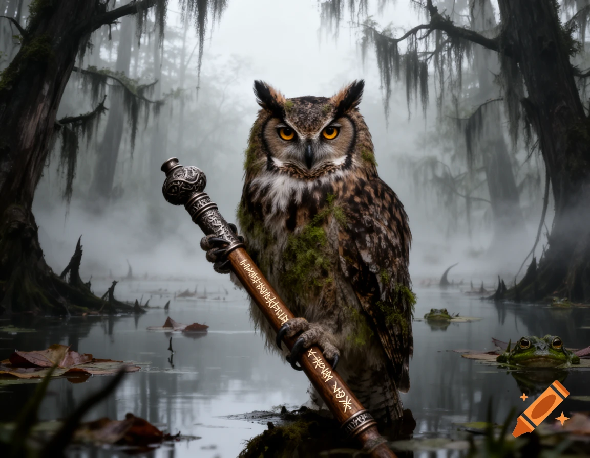 A majestic owl with orange eyes holds a decorative staff in a misty swamp. Frogs and cypress trees are visible in the water.