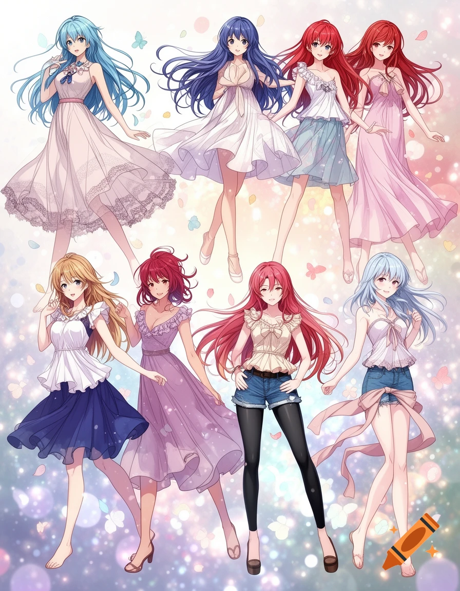 Eight anime-style female characters with diverse hair colors and outfits pose against a sparkling background with butterflies.