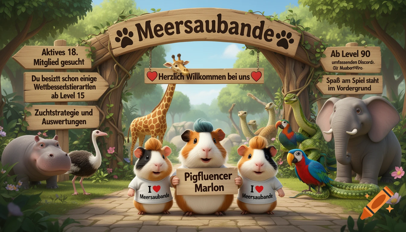 Cartoon image of three guinea pigs in t-shirts in front of a zoo entrance with signs, surrounded by other safari animals like a giraffe, elephant, hippo, ostrich, and parrot.