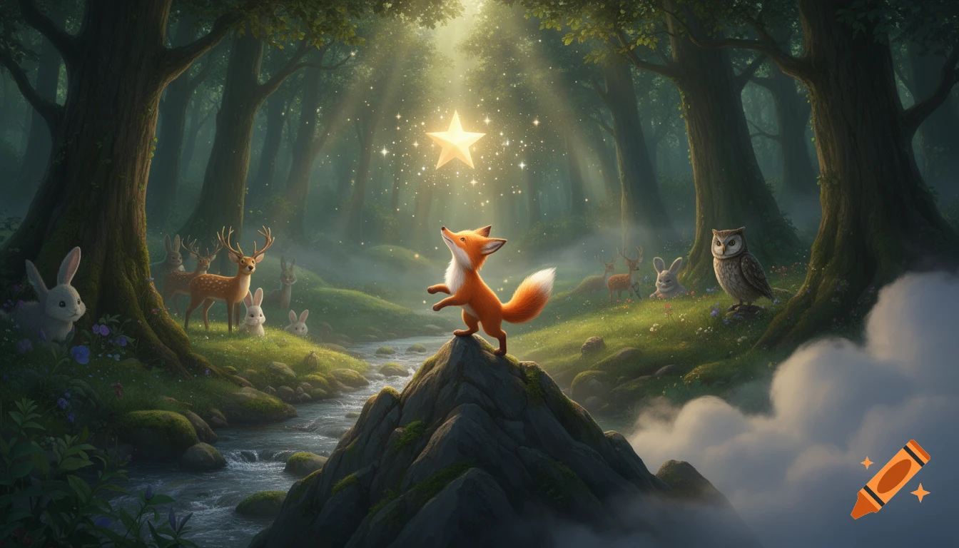 A cute fox on a rock looks up at a glowing star in a magical forest with deer, bunnies, and an owl by a river.