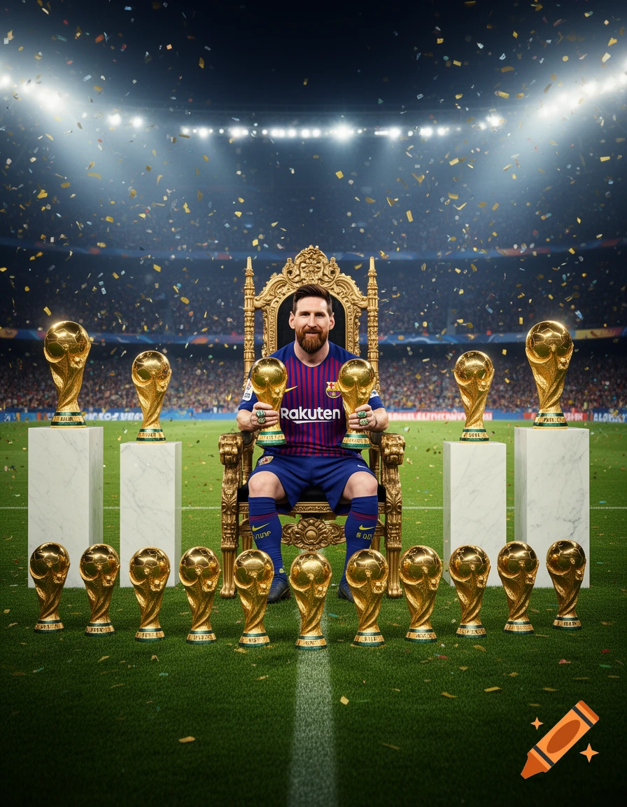 Lionel Messi sits on a golden throne in a packed football stadium at night, holding two golden World Cup trophies. He is surrounded by many other golden trophies, with confetti falling from above.