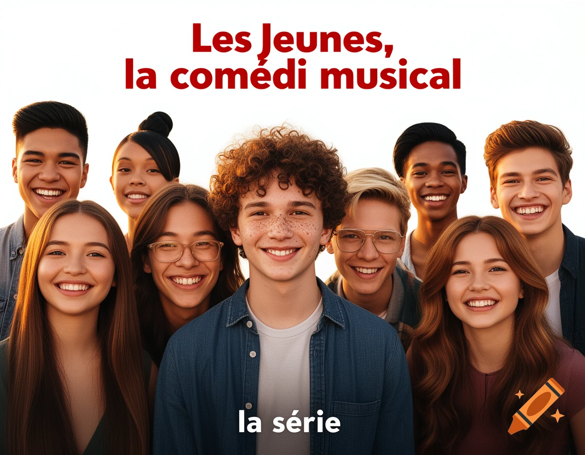 Smiling diverse young people in a photorealistic group portrait with French text 'Les Jeunes, la comédie musical' and 'la série'.