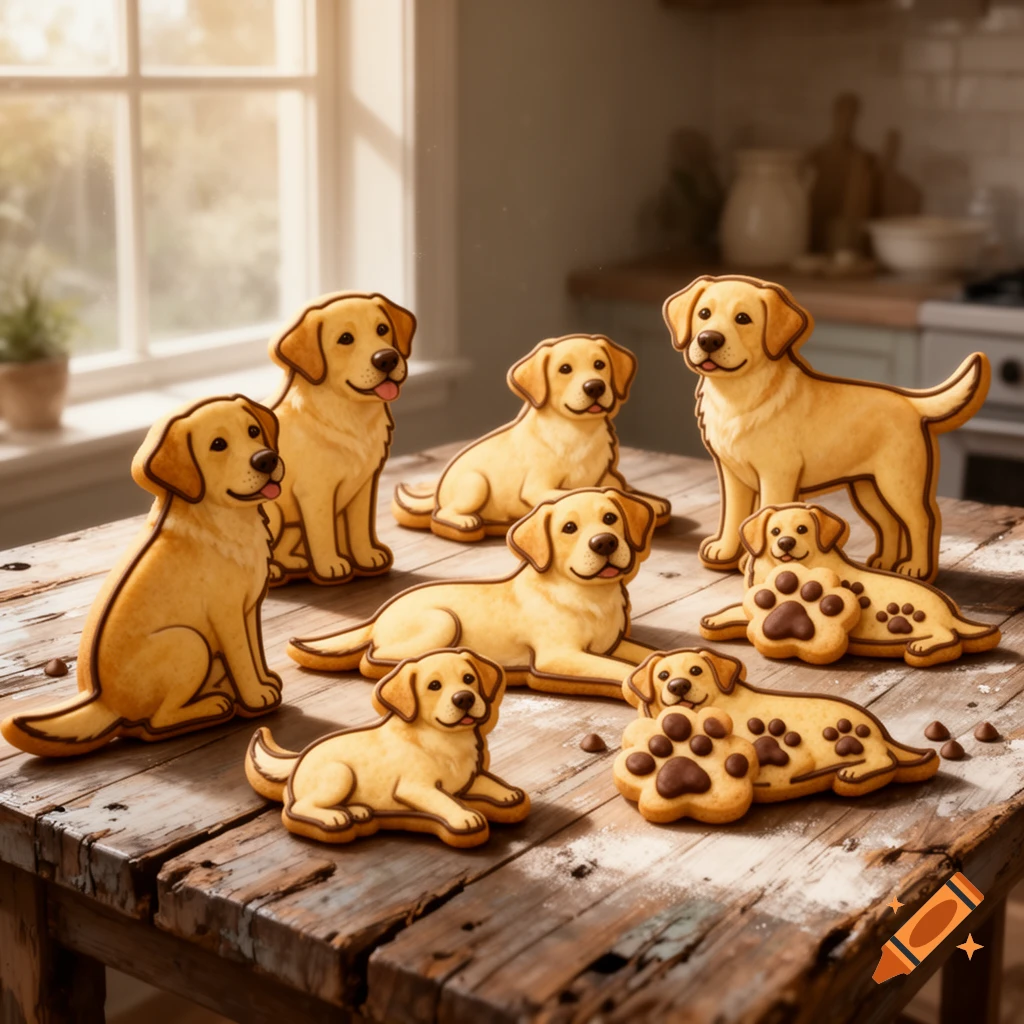 Golden labrador-shaped cookies, some with chocolate paw prints, on a rustic wooden table in a sunlit kitchen.