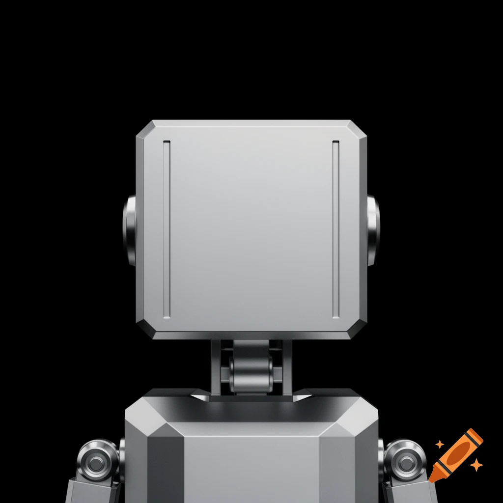 Close-up of a minimalist silver robot head with a square face and visible neck joint against a black background.