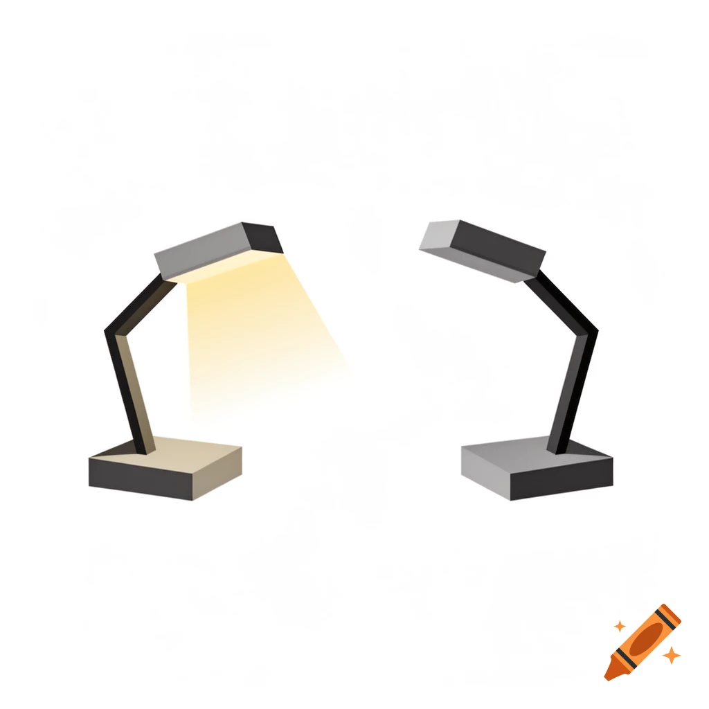Two minimalist 3D desk lamps, one illuminated with yellow light and the other turned off, on a white background.