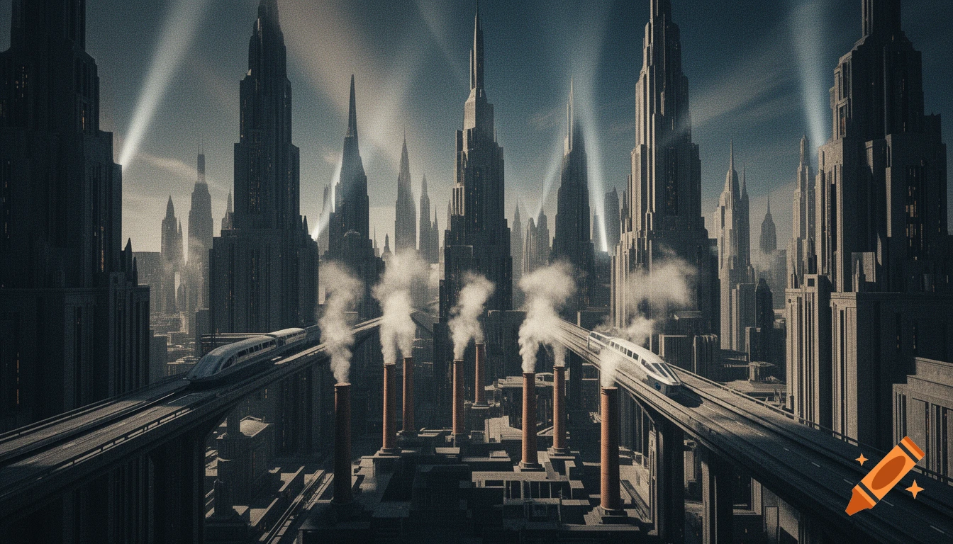 A futuristic city with towering Art Deco skyscrapers, elevated trains, and industrial chimneys emitting smoke under dramatic spotlights. The image has a coarse film grain.