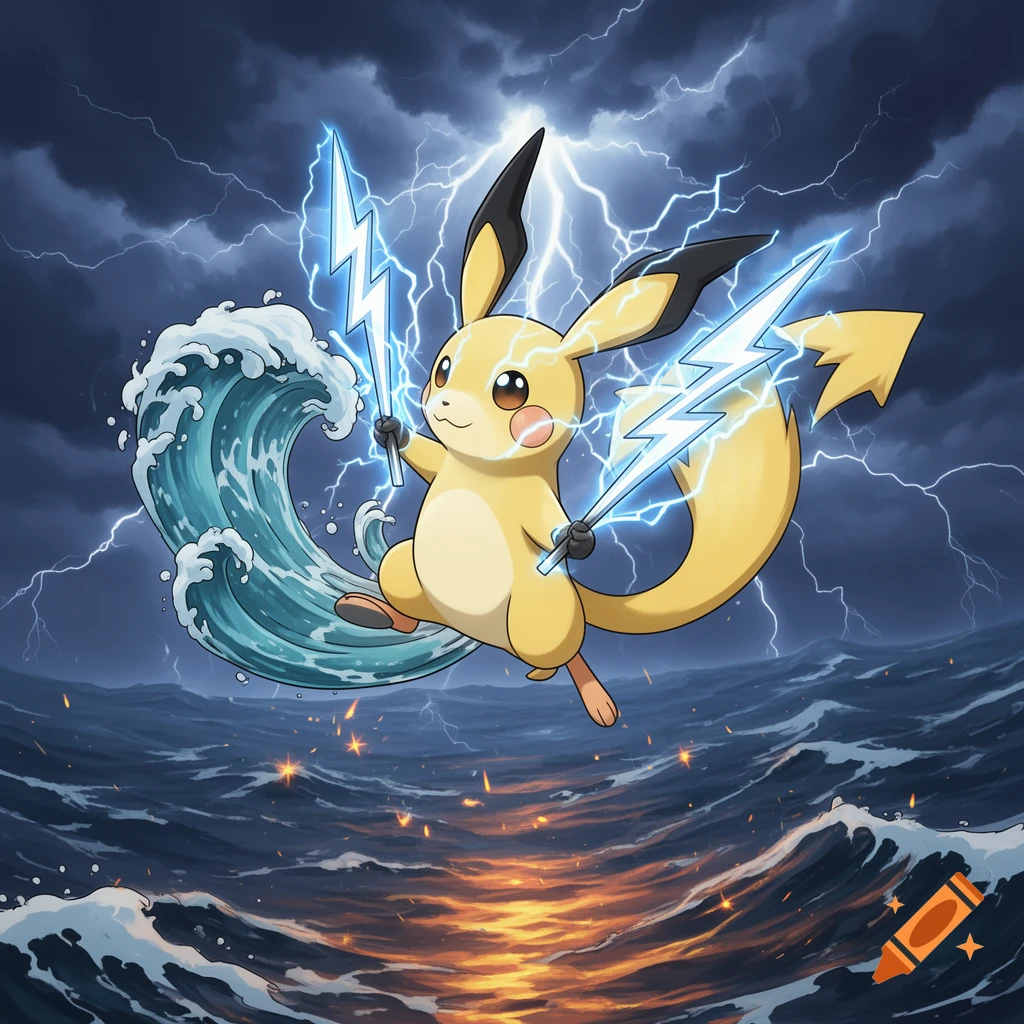 A yellow cartoon electric rodent character with black-tipped ears holds two lightning bolts, riding a wave in a stormy sea with lightning and a fiery sunset reflection.