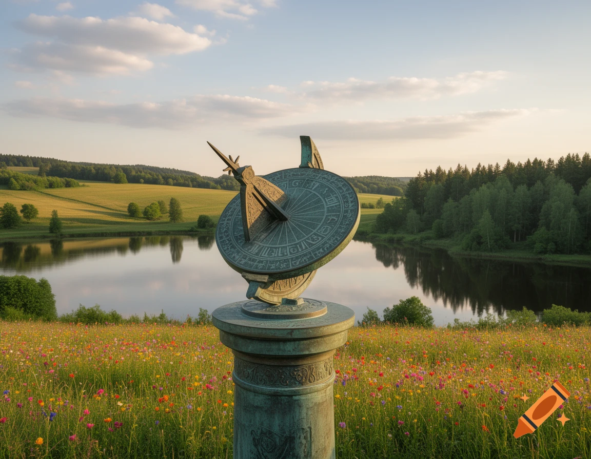A bronze sundial stands in a vibrant wildflower meadow beside a tranquil lake and forest under a partly cloudy sky at sunset.